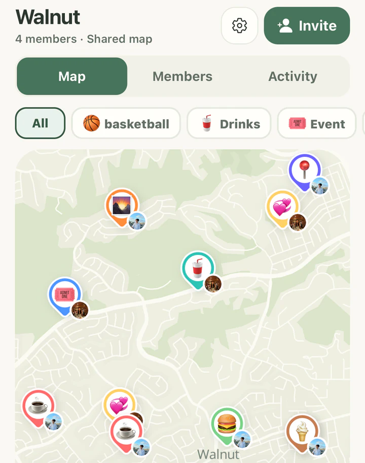 A Pins Circle called Walnut with 4 members and a shared map, where each pin shows the photo of the member who added it.