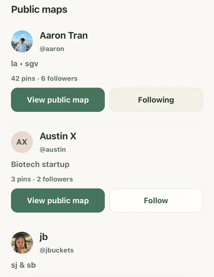 Pins Explore screen listing people’s public maps, each with View public map and Follow buttons.