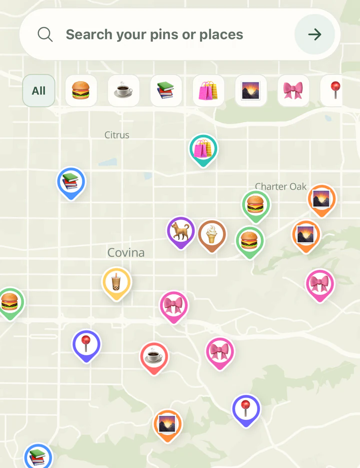 Pins Home map with a place search bar and category filters for food, coffee, books, shopping, and more above color-coded saved pins.